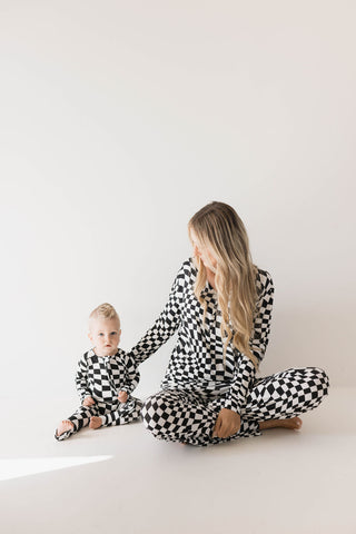 Women's Bamboo Pajamas | Black & White Wavy Checkerboard