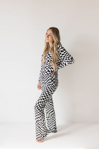 Women's Bamboo Pajamas | Black & White Wavy Checkerboard