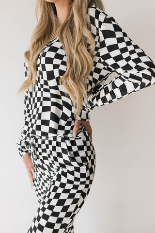 Women's Bamboo Pajamas | Black & White Wavy Checkerboard