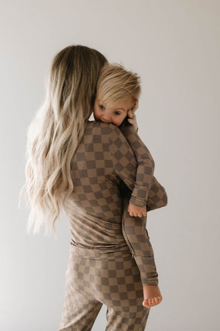 Women's Bamboo Pajamas | Faded Brown Checkerboard