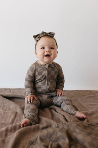 Bamboo Zip Pajamas | Faded Brown Checkerboard