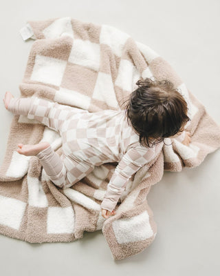 Bamboo Zip Romper | Beige Checkered