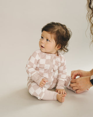 Bamboo Zip Romper | Beige Checkered