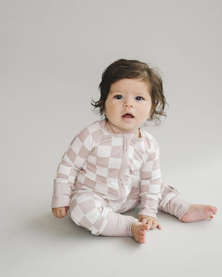 Bamboo Zip Romper | Beige Checkered