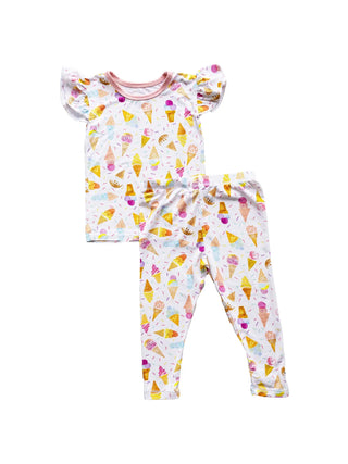 Ice Cream Ruffle Sleeve Toddler Two-Piece Long Sleeve Pajama Set, featuring an adorable ice cream ruffle sleeve design.