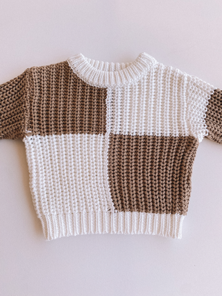 white + taupe check sweater