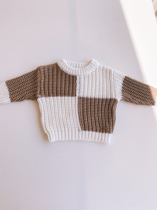 white + taupe check sweater