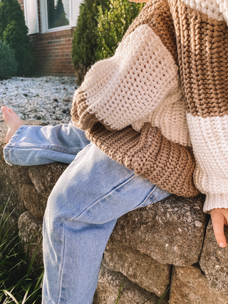 white + taupe check sweater