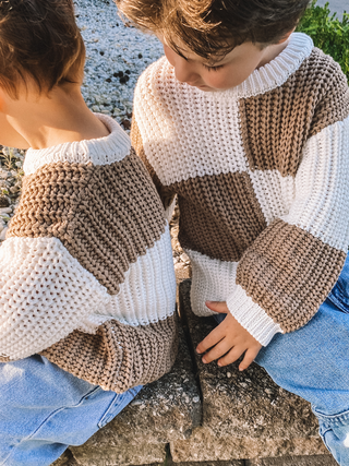 white + taupe check sweater