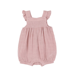 Smocked Front Overall Shortie - Dusty Pink Solid Muslin