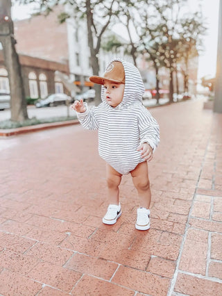 Gray and white striped hooded sweatshirt romper made from 100% cotton.