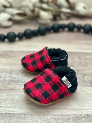 Handmade Baby Shoe Moccasins with Black Heel - Red and Black Checkered - Bella Rose Chic Boutique