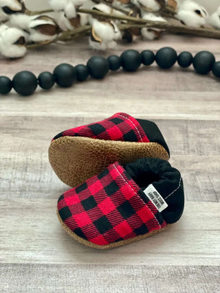 Handmade Baby Shoe Moccasins with Black Heel - Red and Black Checkered - Bella Rose Chic Boutique