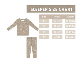 Cozy Woodland Nights: Bamboo Long Sleeve Toddler Two-Piece Pajama Set - Woodland Print". sizing guide